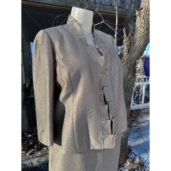 90s Gold Albert Nippon Boutique Skirt Suit Plisse Metallic Open Front Pleat Lape - Picture 2 of 16